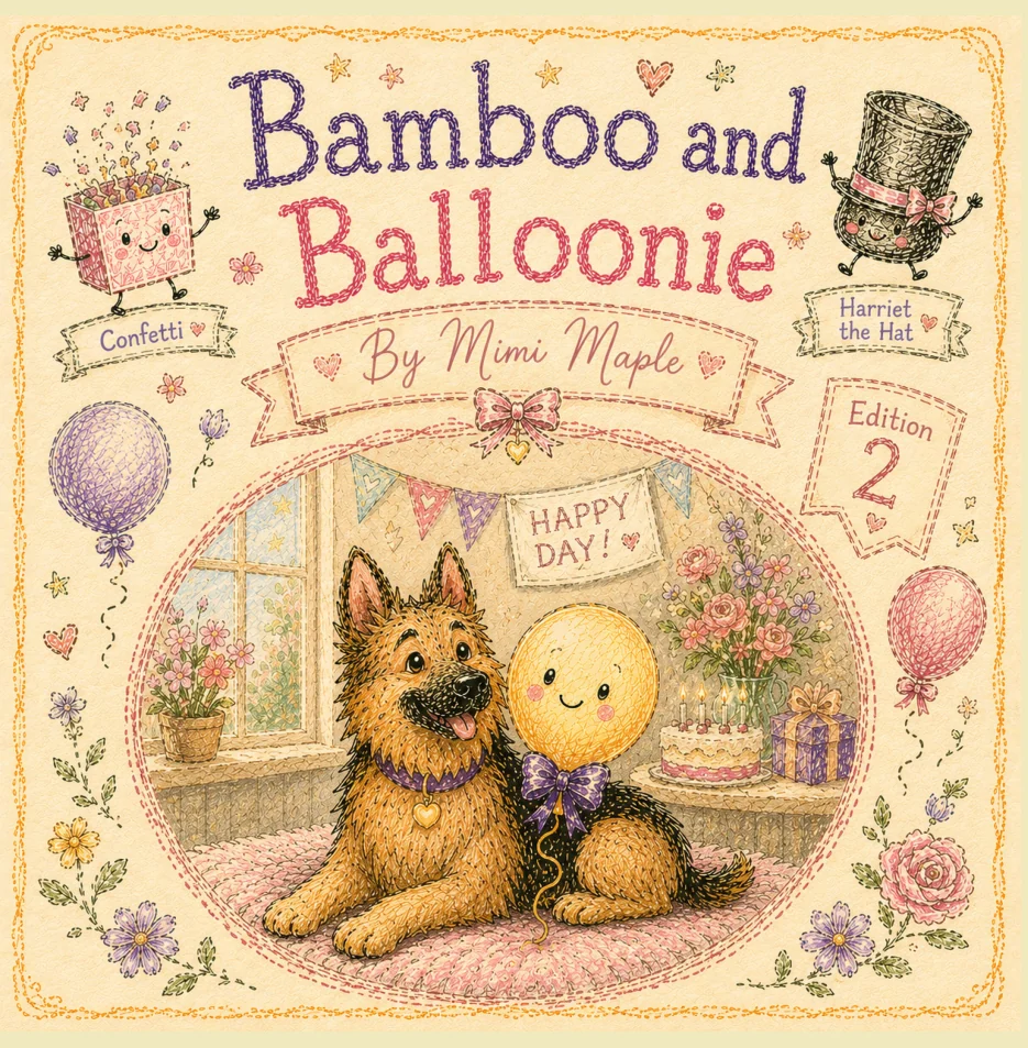 Cover of Bamboo and Balloonie, Edition 2, by Mimi Maple: Bamboo the German Shepherd sits beside Balloonie the yellow balloon under a Happy Day banner, with Confetti and Harriet the Hat dancing in the corners