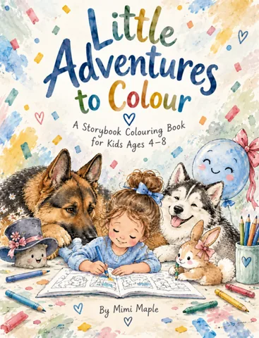 Little Adventures to Colour, a storybook colouring book for kids ages 4 to 8, front cover