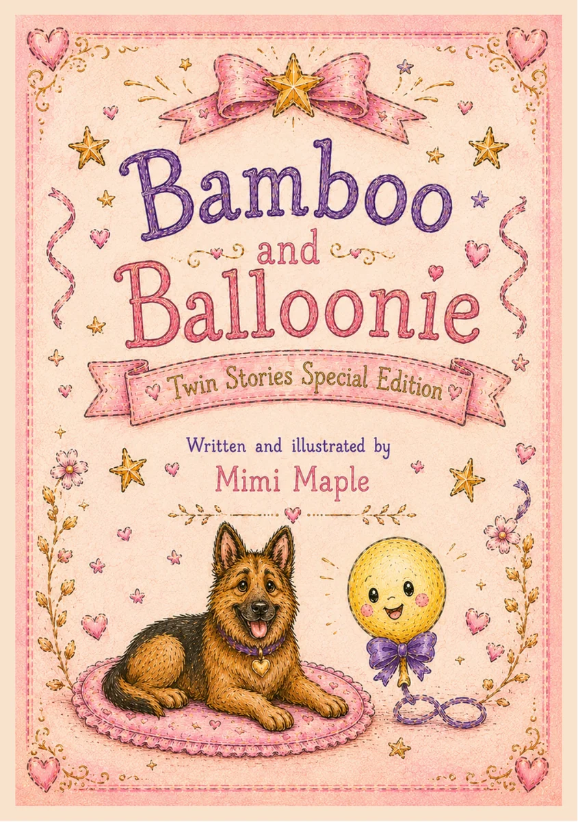 Bamboo’s side: the second front cover, Bamboo and Balloonie, Twin Stories Special Edition, with Bamboo lying on a pink cushion beside Balloonie