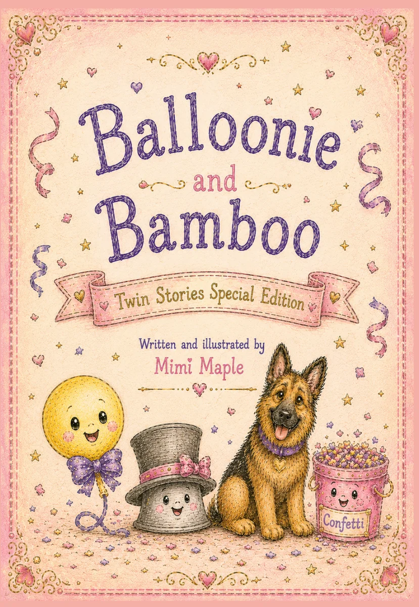 Front cover of Balloonie and Bamboo: Twin Stories Special Edition by Mimi Maple. Balloonie the yellow balloon, Harriet the Hat, Bamboo the German Shepherd and Confetti sit together under the title on a pink patterned hardcover.