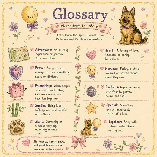 Glossary page with illustrated words from the story