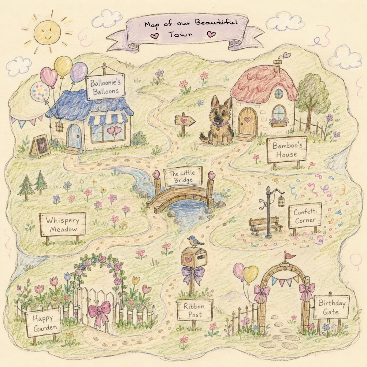 Map of our Beautiful Town showing Balloonie’s Balloons, Bamboo’s House, The Little Bridge, Whispery Meadow, Confetti Corner, Happy Garden, Ribbon Post and Birthday Gate