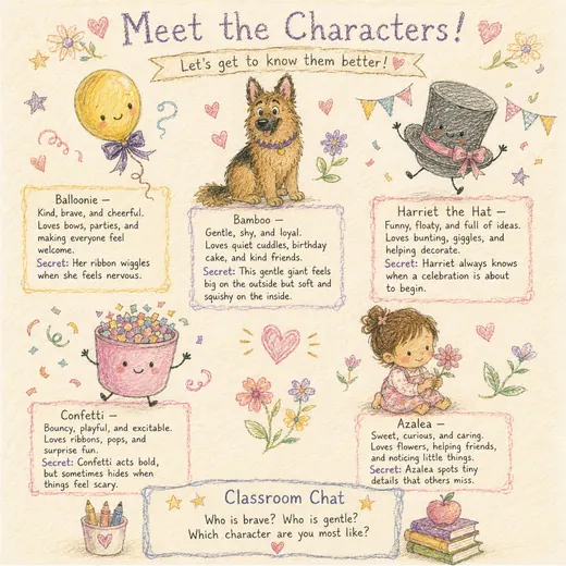 Meet the Characters page with Balloonie, Bamboo, Harriet the Hat, Confetti and Azalea