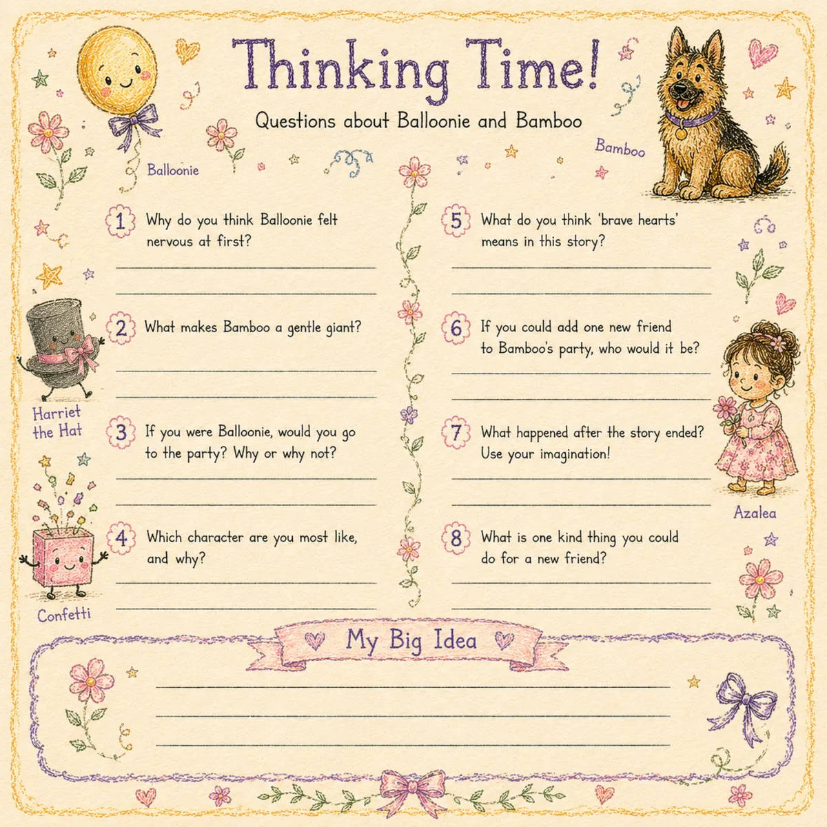 The Thinking Time page from the book: eight numbered questions with writing lines and a My Big Idea box