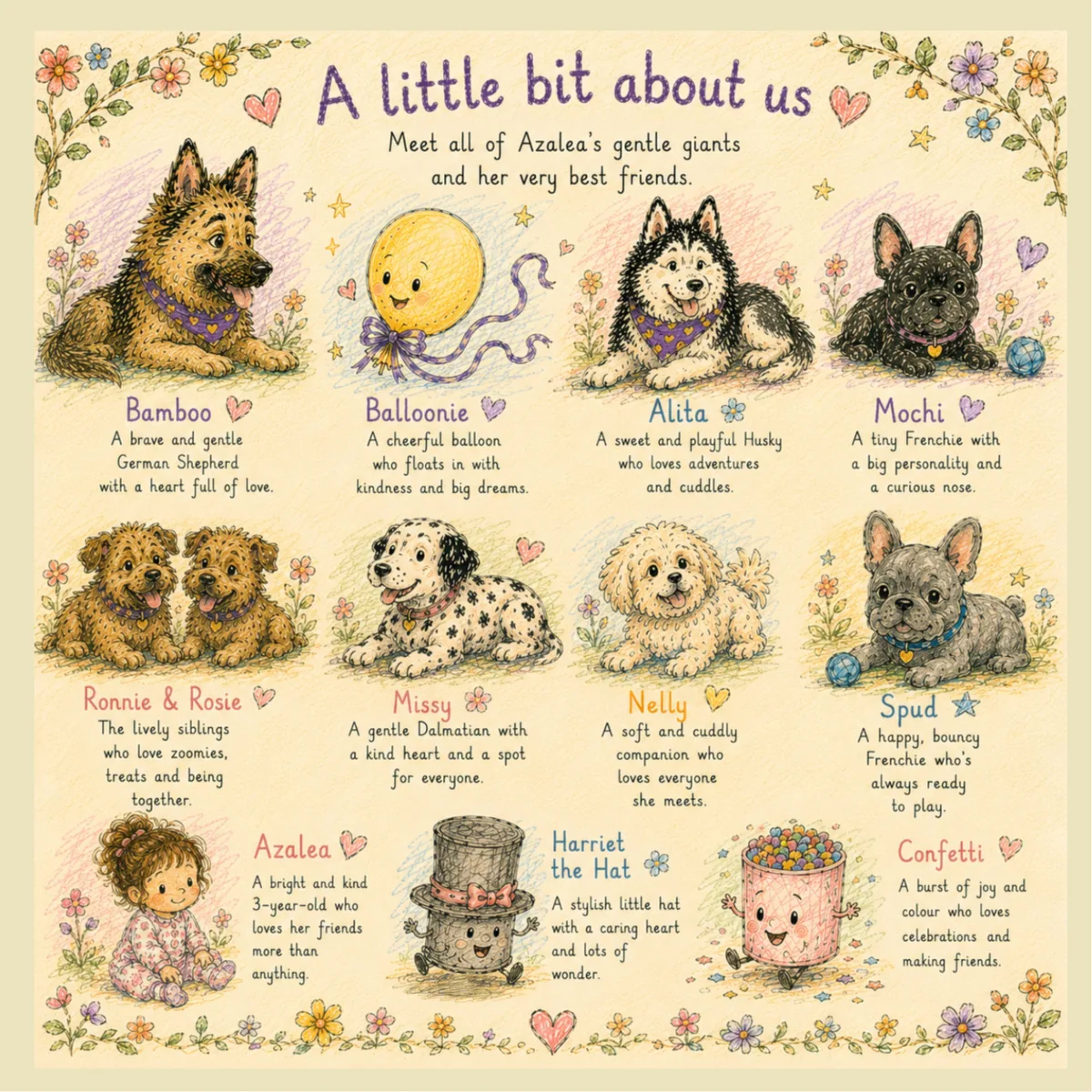 A little bit about us: a page introducing Bamboo, Balloonie, Alita, Mochi, Ronnie and Rosie, Missy, Nelly, Spud, Azalea, Harriet the Hat and Confetti